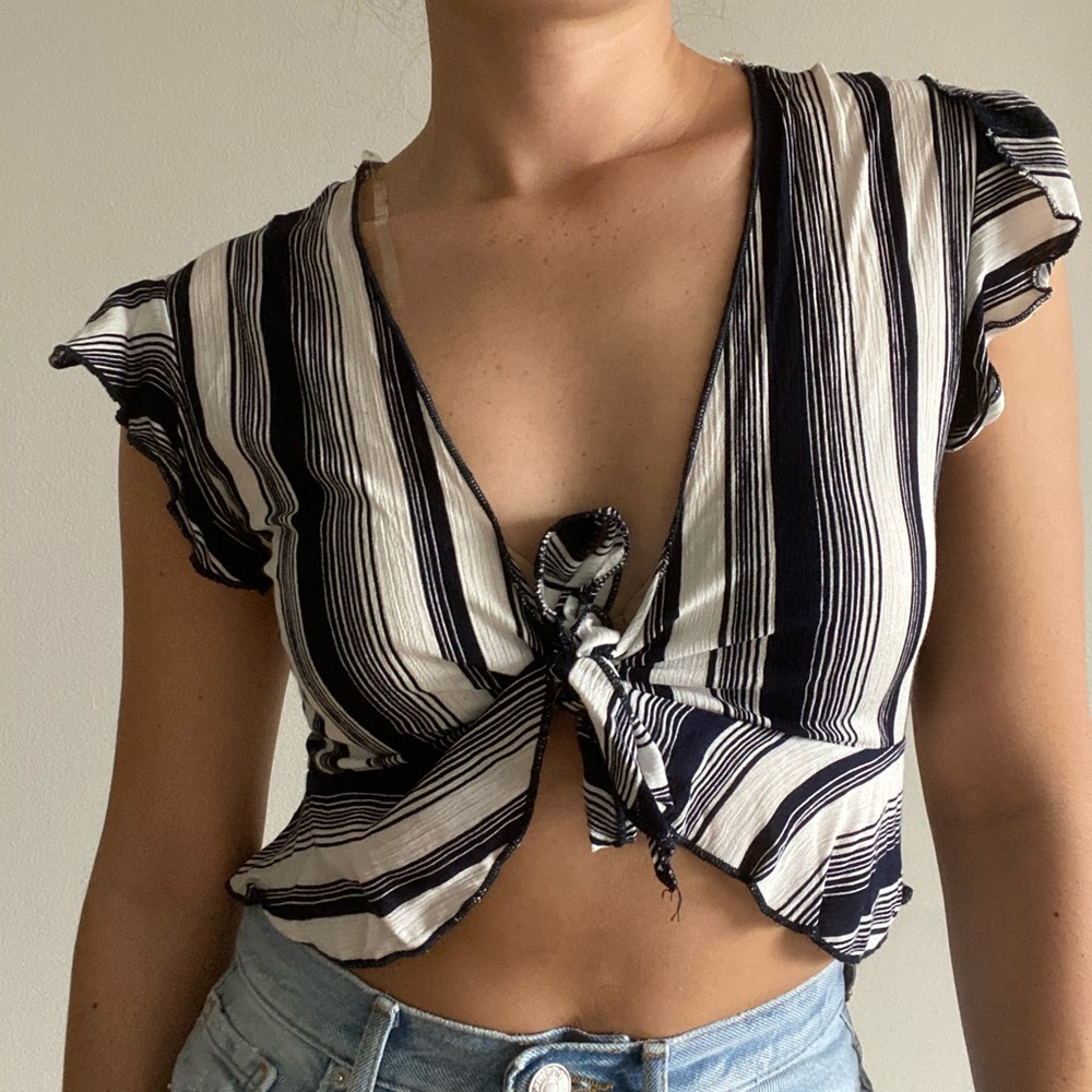 Tie-Front Navy Striped Top from Windsor, Small